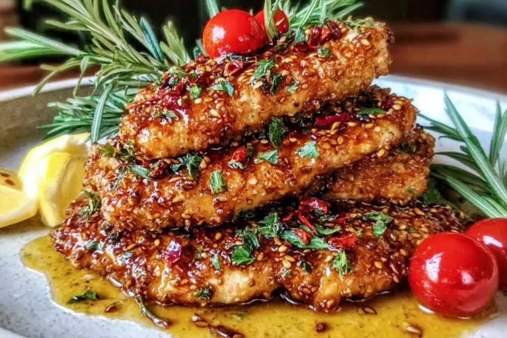 Flavorful Mediterranean Chicken Tenders stacked on a plate with a glossy herb-garlic sauce, lemon wedges, and fresh rosemary.