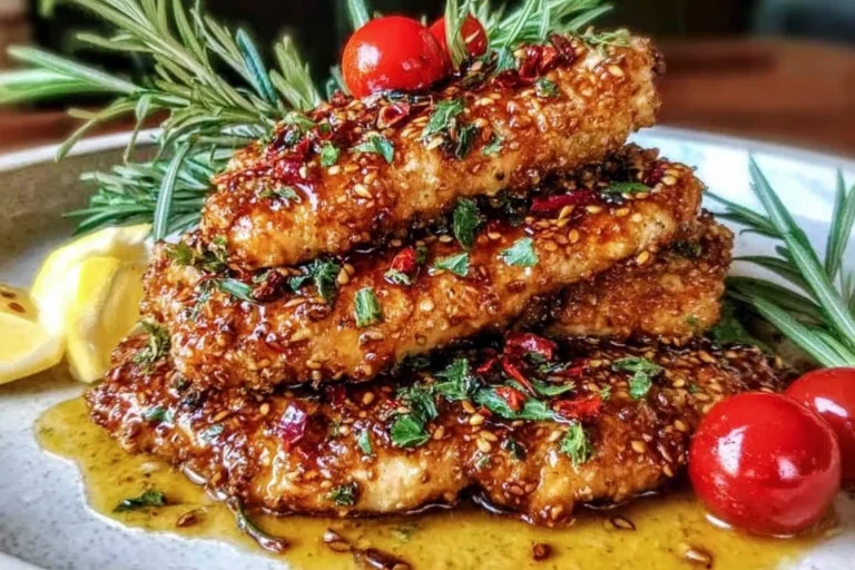 Flavorful Mediterranean Chicken Tenders stacked on a plate with a glossy herb-garlic sauce, lemon wedges, and fresh rosemary.