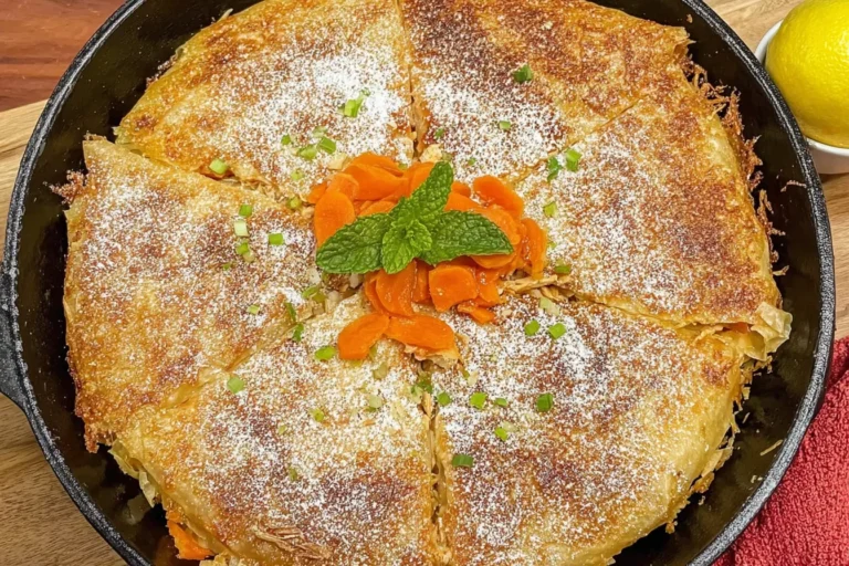 Moroccan chicken pastilla in a cast-iron skillet, golden crispy phyllo pie dusted with sugar and garnished with mint and apricots.