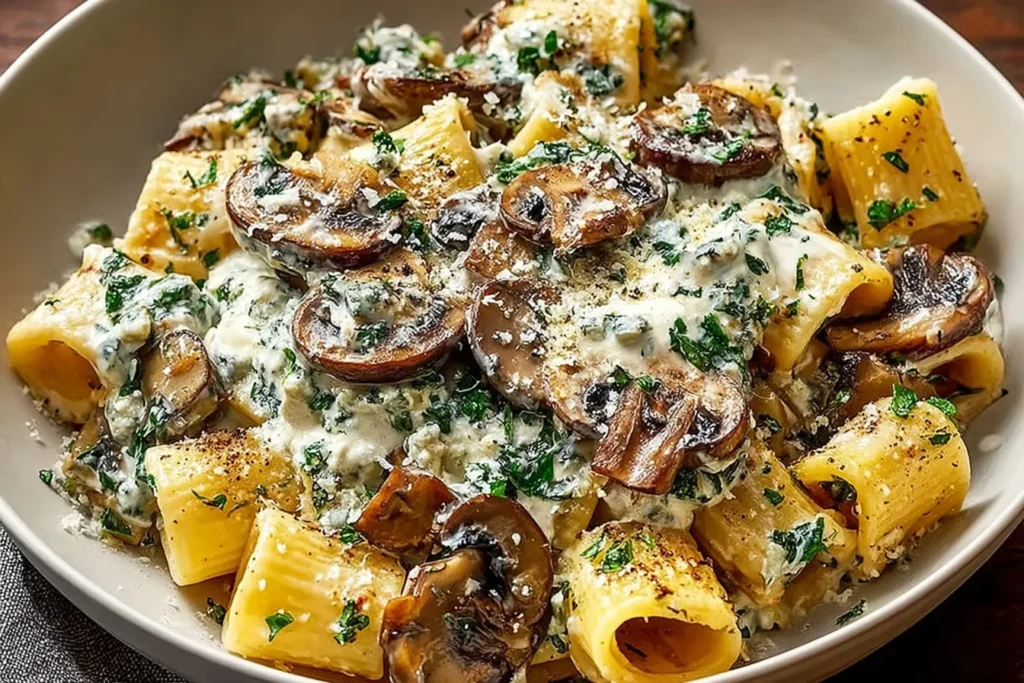 Gorgonzola Truffle Cream Mushrooms with rigatoni, sautéed cremini mushrooms, creamy gorgonzola sauce, herbs, and parmesan served in a bowl.