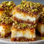 Greek Honey Pistachio Cheesecake Bars stacked on a plate, with creamy cheesecake layers, honey glaze, and chopped pistachios on top.