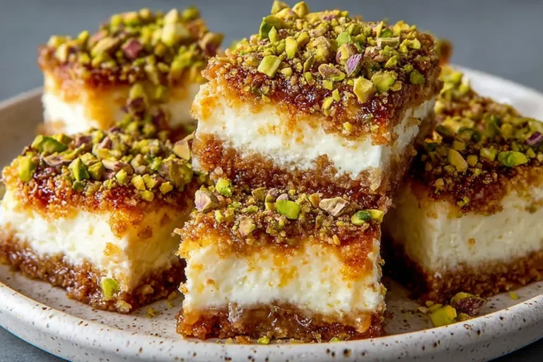 Greek Honey Pistachio Cheesecake Bars stacked on a plate, with creamy cheesecake layers, honey glaze, and chopped pistachios on top.