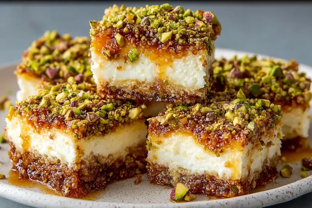 Greek Honey Pistachio Cheesecake Bars stacked with thick creamy cheesecake, honey-drizzled top, and crushed pistachios on a speckled plate.