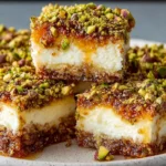 Greek Honey Pistachio Cheesecake Bars stacked with thick creamy cheesecake, honey-drizzled top, and crushed pistachios on a speckled plate.