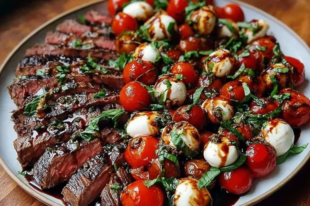 Grilled Flank Steak Caprese served with sliced grilled flank steak, cherry tomatoes, mozzarella pearls, fresh basil, and balsamic glaze on a platter.