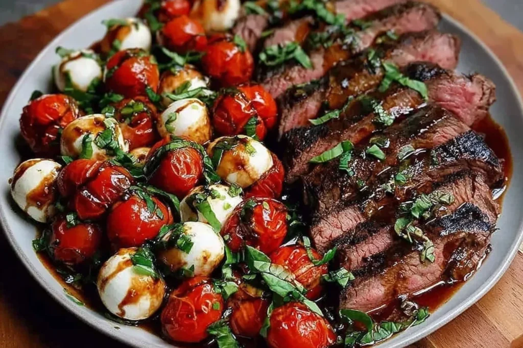 Grilled Flank Steak Caprese plated with sliced grilled flank steak, cherry tomatoes, fresh mozzarella, basil, and balsamic glaze drizzle.