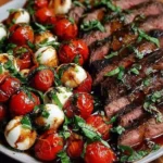 Grilled Flank Steak Caprese plated with sliced grilled flank steak, cherry tomatoes, fresh mozzarella, basil, and balsamic glaze drizzle.