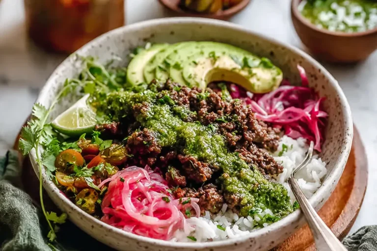 Ground Beef Chimichurri Bowls with jasmine rice, zesty green chimichurri, sliced avocado, pickled red onions, and cherry tomatoes.