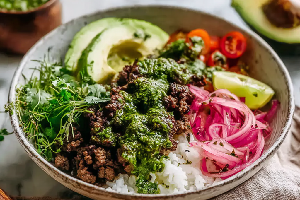 Ground Beef Chimichurri Bowls piled over fluffy rice with chimichurri-drizzled ground beef, sliced avocado, pickled red onions, fresh herbs, and lime.