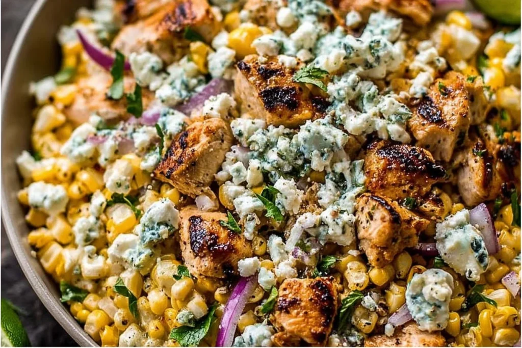 High-Protein Chicken Street Corn Salad close-up with grilled chicken bites, charred corn, red onion, fresh herbs, and crumbled cotija cheese.