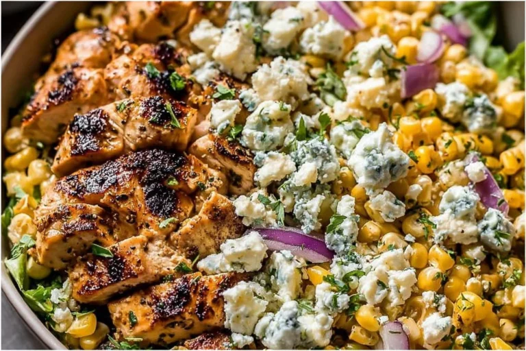 High-Protein Chicken Street Corn Salad in a bowl with grilled chili-lime chicken, charred corn, red onion, herbs, and crumbled cotija cheese.