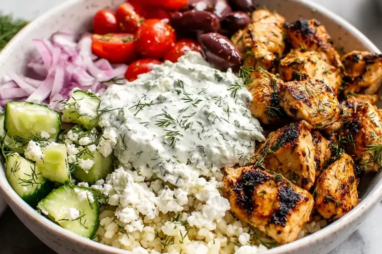Mediterranean Lemon-Dill Chicken Bowls with grilled lemon-herb chicken, creamy tzatziki, cucumbers, tomatoes, olives, red onion, and feta over a fluffy bowl base.