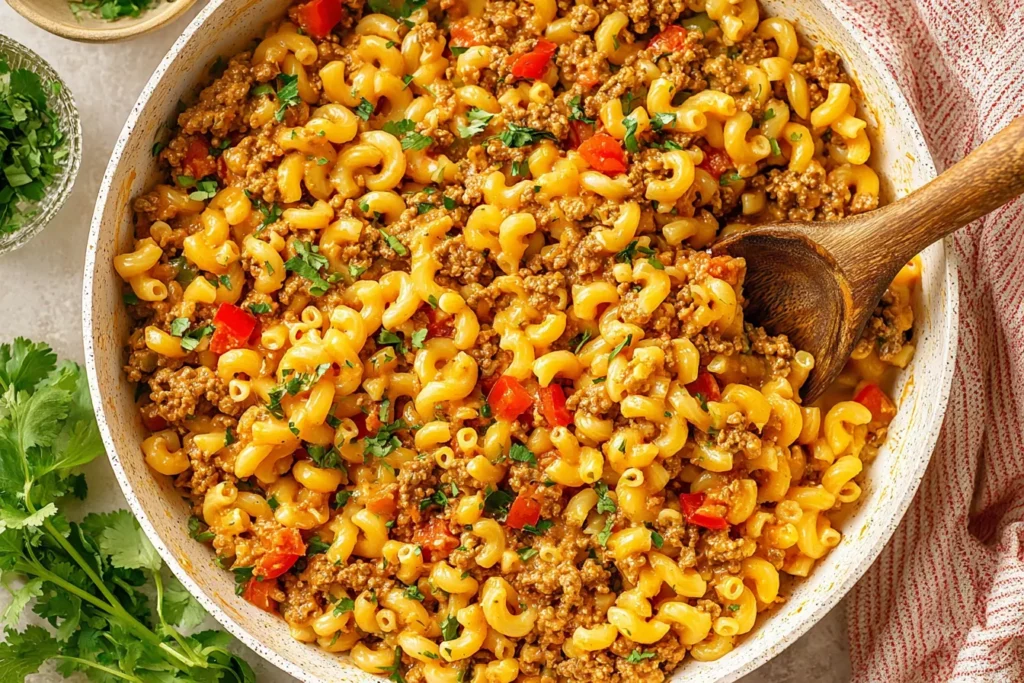 Creamy Taco Mac and Cheese in a skillet with lean ground beef, elbow pasta, red bell pepper, and cilantro.