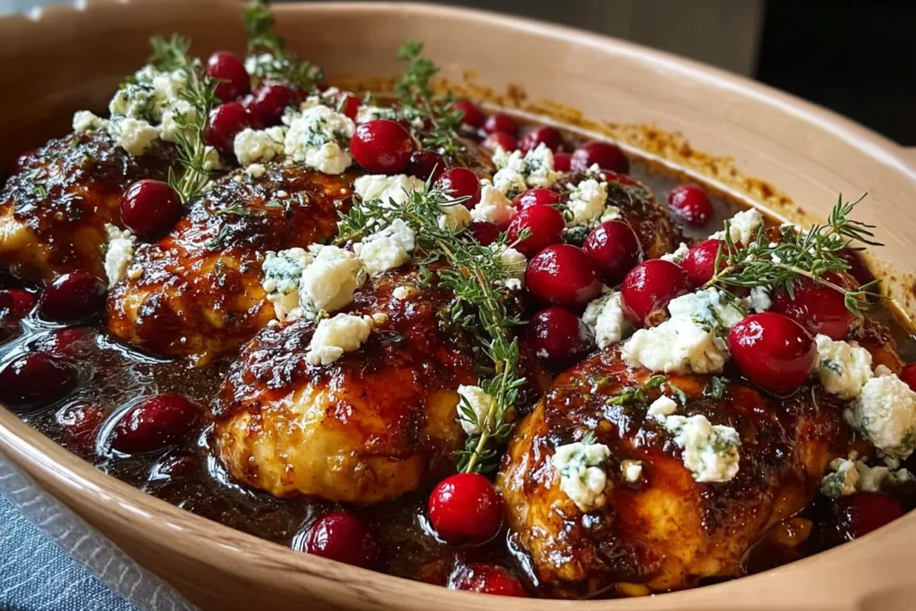 Honey Cranberry Chicken Bake with Feta Cheese in a baking dish, glazed chicken topped with cranberries, crumbled feta, and fresh thyme.
