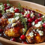 Honey Cranberry Chicken Bake with Feta Cheese in a baking dish, glazed chicken topped with cranberries, crumbled feta, and fresh thyme.