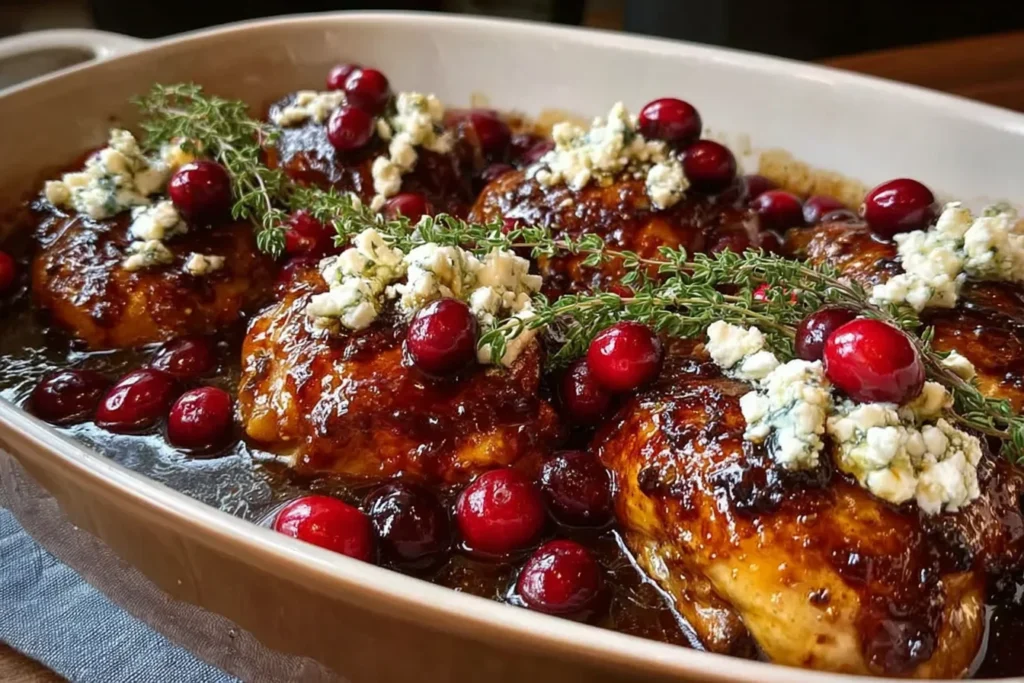 Honey Cranberry Chicken Bake with Feta Cheese in a white casserole dish, honey-balsamic glazed chicken topped with cranberries, feta crumbles, and thyme.