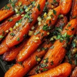 Honey Garlic Butter Roasted Carrots glazed with sticky honey-butter garlic sauce, roasted until caramelized and topped with fresh herbs.