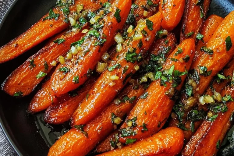 Honey Garlic Butter Roasted Carrots glazed with sticky honey-butter garlic sauce, roasted until caramelized and topped with fresh herbs.