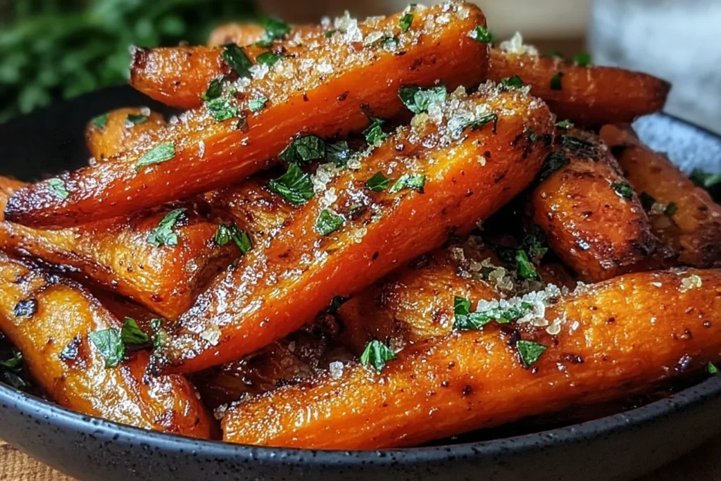 Honey Garlic Butter Roasted Carrots piled in a bowl, caramelized and glossy with a sweet garlic-butter glaze, finished with herbs and flaky salt.