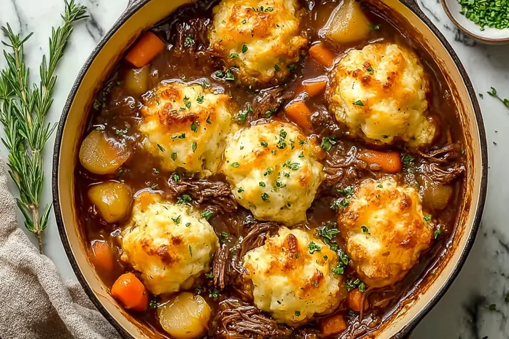 Irish Stew with Cheddar Dumplings in a Dutch oven with tender beef, potatoes, carrots, and golden cheesy dumplings, garnished with herbs.