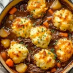 Irish Stew with Cheddar Dumplings in a Dutch oven with tender beef, potatoes, carrots, and golden cheesy dumplings, garnished with herbs.