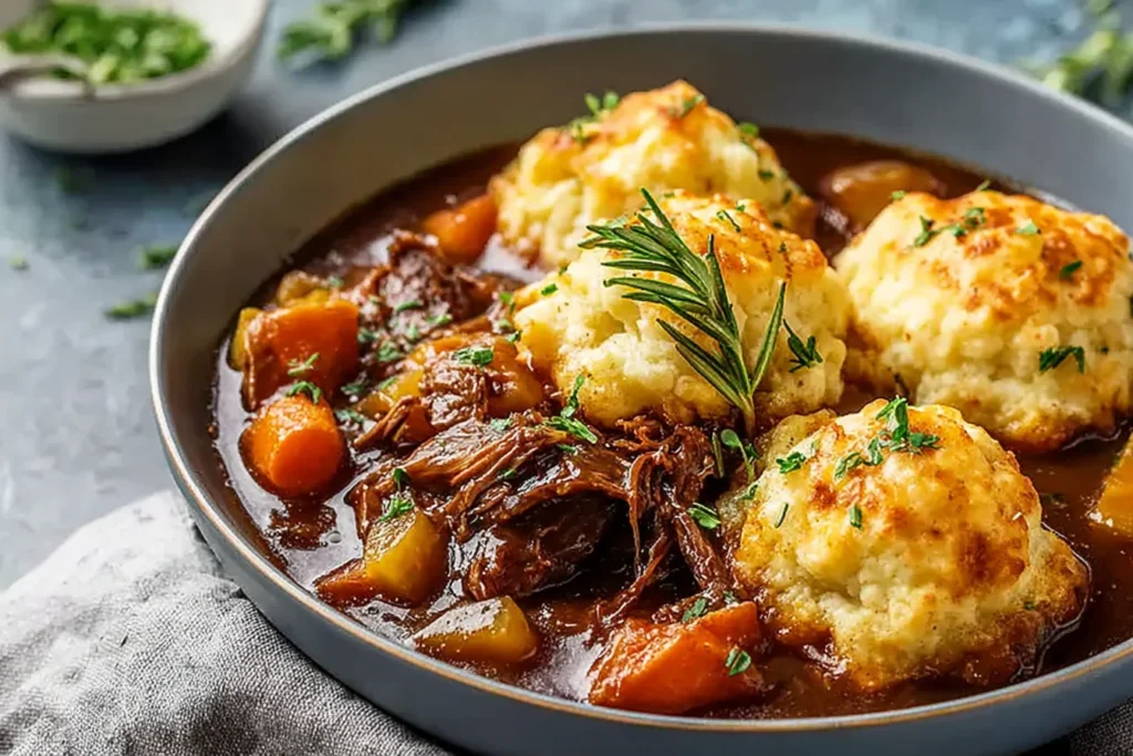Irish Stew with Cheddar Dumplings served in a bowl with tender shredded beef, carrots, potatoes, and golden cheddar dumplings topped with fresh rosemary.
