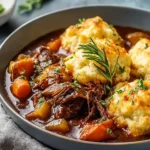Irish Stew with Cheddar Dumplings served in a bowl with tender shredded beef, carrots, potatoes, and golden cheddar dumplings topped with fresh rosemary.