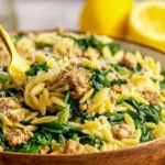Italian Ground Turkey Spinach Orzo served in a bowl with tender orzo, seasoned ground turkey, wilted spinach, Parmesan, and fresh lemon.