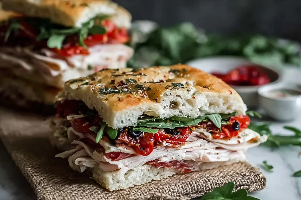 Italian Turkey Focaccia Sandwiches stacked with deli turkey, prosciutto, sun-dried tomatoes, arugula, and herbs on focaccia bread.