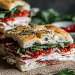 Italian Turkey Focaccia Sandwiches stacked with deli turkey, prosciutto, sun-dried tomatoes, arugula, and herbs on focaccia bread.