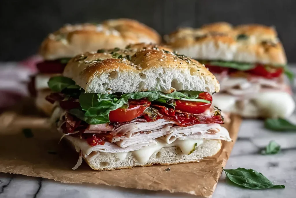 Italian Turkey Focaccia Sandwiches on herbed focaccia rolls with sliced turkey, prosciutto, mozzarella, sun-dried tomatoes, and fresh greens.