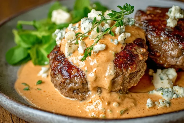 Keto Feta Burgers With Tomato Cream Sauce topped with crumbled feta and herbs, served in a creamy tomato-feta sauce on a plate.