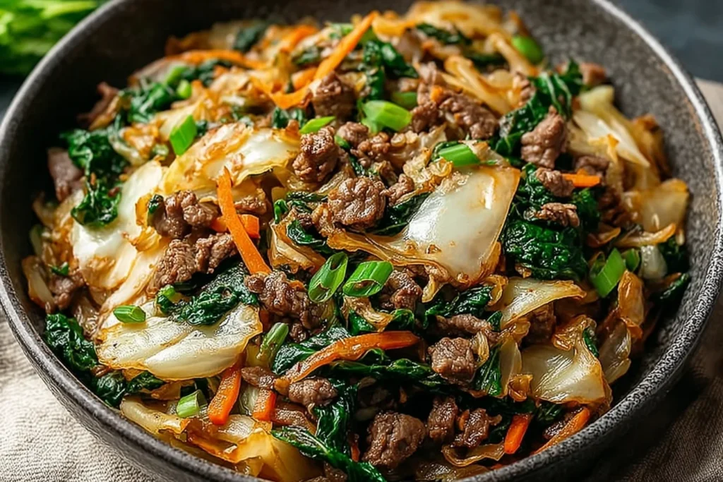 Keto Beef and Cabbage Stir-Fry served in a bowl with browned beef, sautéed cabbage, spinach, carrots, and green onions in a savory sauce.
