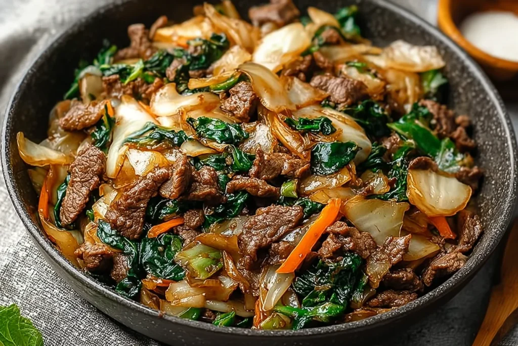 Keto Beef and Cabbage Stir-Fry in a skillet with tender beef slices, sautéed cabbage, onions, and greens in a savory soy-ginger sauce.