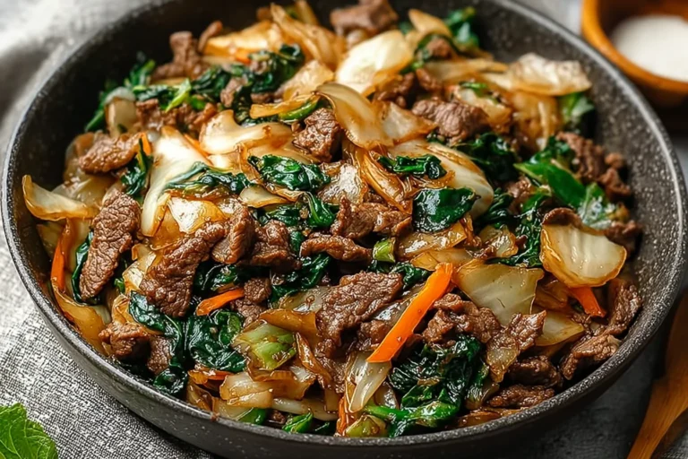 Keto Beef and Cabbage Stir-Fry in a skillet with tender beef slices, sautéed cabbage, onions, and greens in a savory soy-ginger sauce.