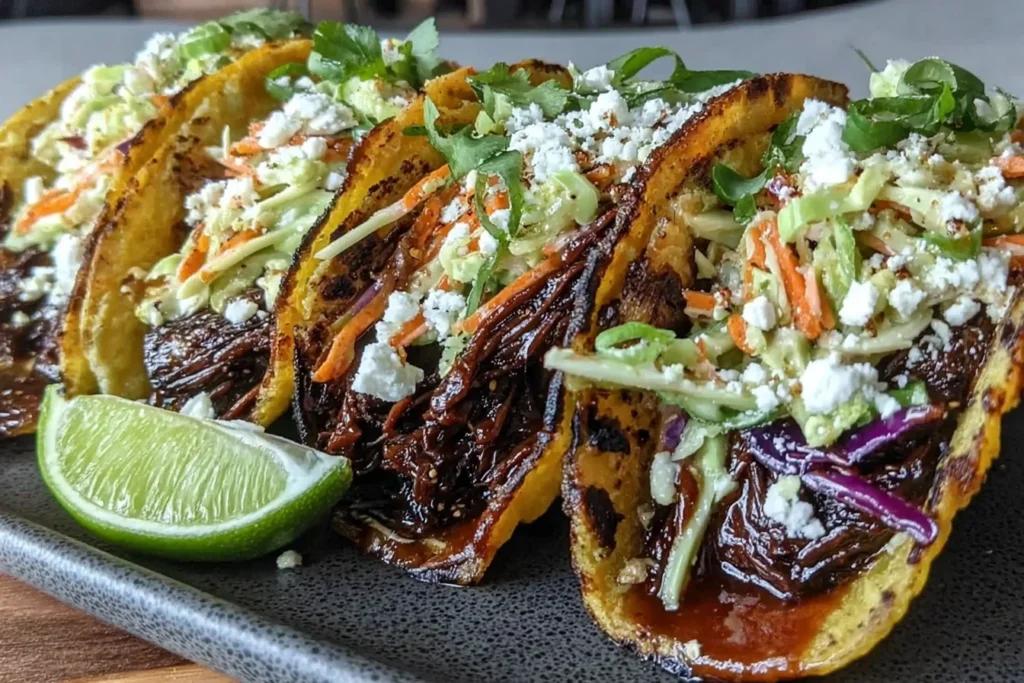 Crockpot Korean Beef Tacos topped with creamy slaw, shredded carrots, cilantro, and crumbled cheese in crispy corn tortillas with a lime wedge.
