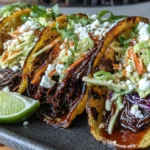 Crockpot Korean Beef Tacos topped with creamy slaw, shredded carrots, cilantro, and crumbled cheese in crispy corn tortillas with a lime wedge.