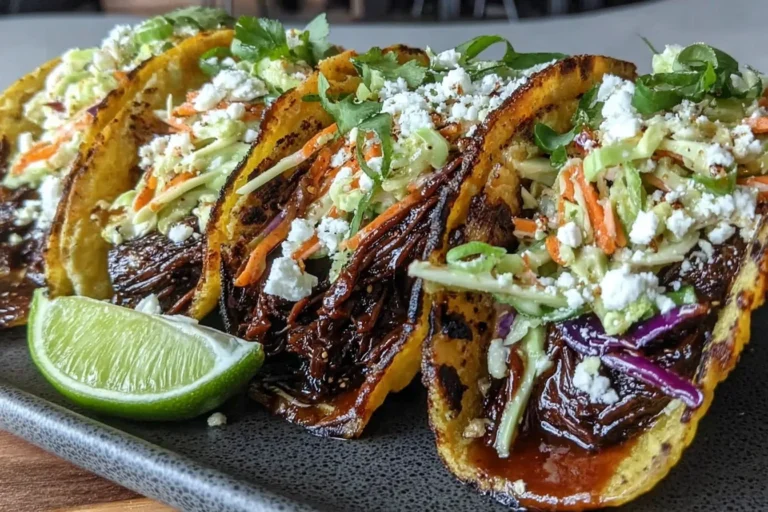 Crockpot Korean Beef Tacos topped with creamy slaw, shredded carrots, cilantro, and crumbled cheese in crispy corn tortillas with a lime wedge.