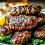 Lebanese Kafta patties stacked on fresh herbs with lemon wedges, served with pita and creamy sauce.