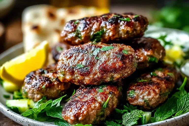 Lebanese Kafta patties stacked on fresh herbs with lemon wedges, served with pita and creamy sauce.