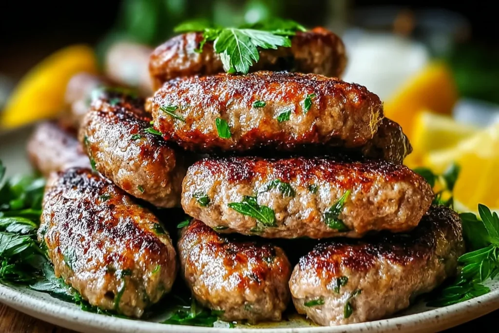 Lebanese Kafta patties piled on a platter with fresh parsley and lemon wedges, browned and juicy for an easy Mediterranean dinner.