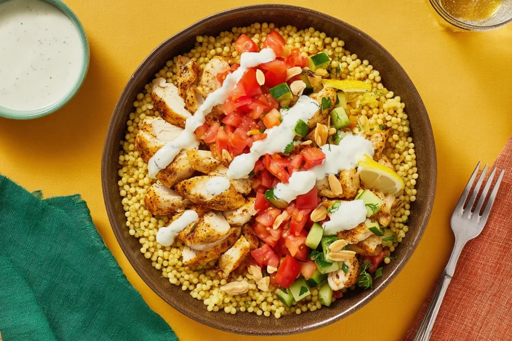 Lemon Dill Chicken & Couscous Bowls with spiced chicken, tomato salad, cucumbers, sliced almonds, and garlicky yogurt sauce drizzled on top.