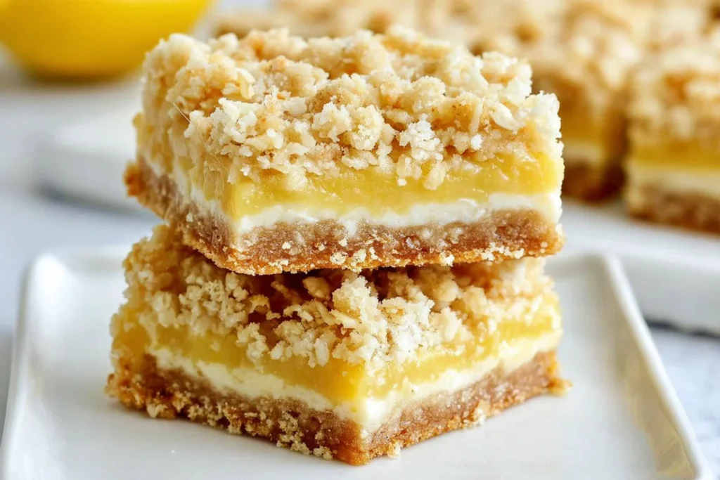Lemon Oatmeal Crumble Bars stacked on a white plate with buttery oat crumble topping and creamy lemon filling layers