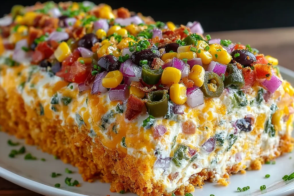Cowboy Caviar Jalapeno Popper Cheese Log with crunchy tortilla chip coating, topped with corn, black beans, jalapeños, red onion, tomatoes, and herbs.
