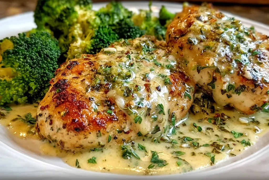 Low Carb Creamy Garlic Chicken & Broccoli with two golden-seared chicken breasts in creamy garlic Parmesan sauce and tender broccoli florets.
