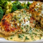 Low Carb Creamy Garlic Chicken & Broccoli with two golden-seared chicken breasts in creamy garlic Parmesan sauce and tender broccoli florets.