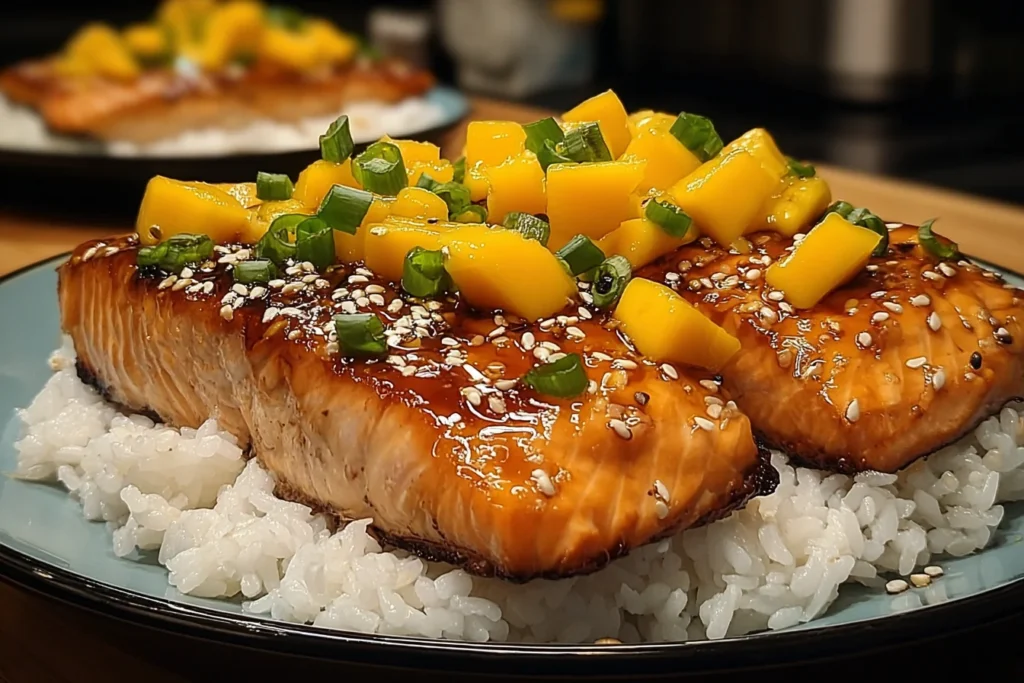 Mango Teriyaki Salmon over fluffy white rice, brushed with glossy teriyaki glaze and topped with diced mango, sesame seeds, and green onions.