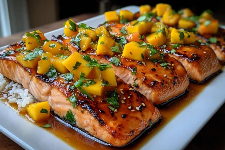 Mango Teriyaki Salmon fillets glazed in teriyaki sauce, topped with fresh mango salsa and cilantro, served over rice on a white platter.
