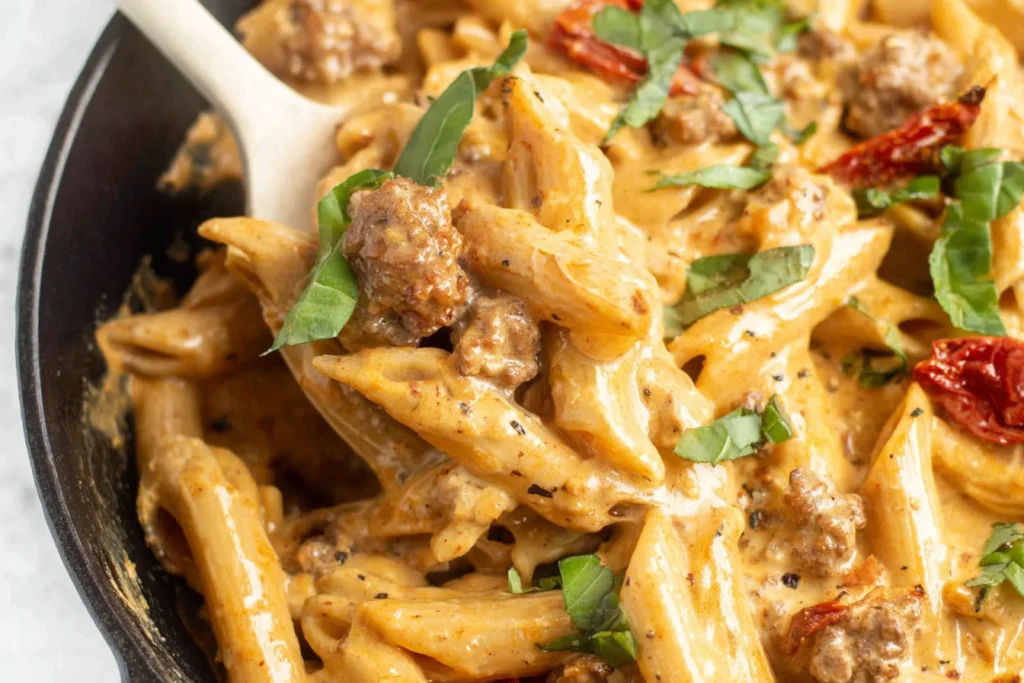 Marry Me Italian Sausage Pasta close-up in a skillet—creamy penne with Italian sausage, basil, and sun-dried tomatoes.