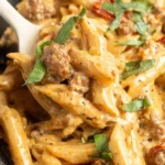 Marry Me Italian Sausage Pasta close-up in a skillet—creamy penne with Italian sausage, basil, and sun-dried tomatoes.